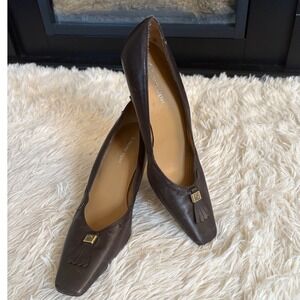 Etienne Aigner Chocolate Brown Leather‎ Pumps Gold Tassel Accent Heels 9.5M